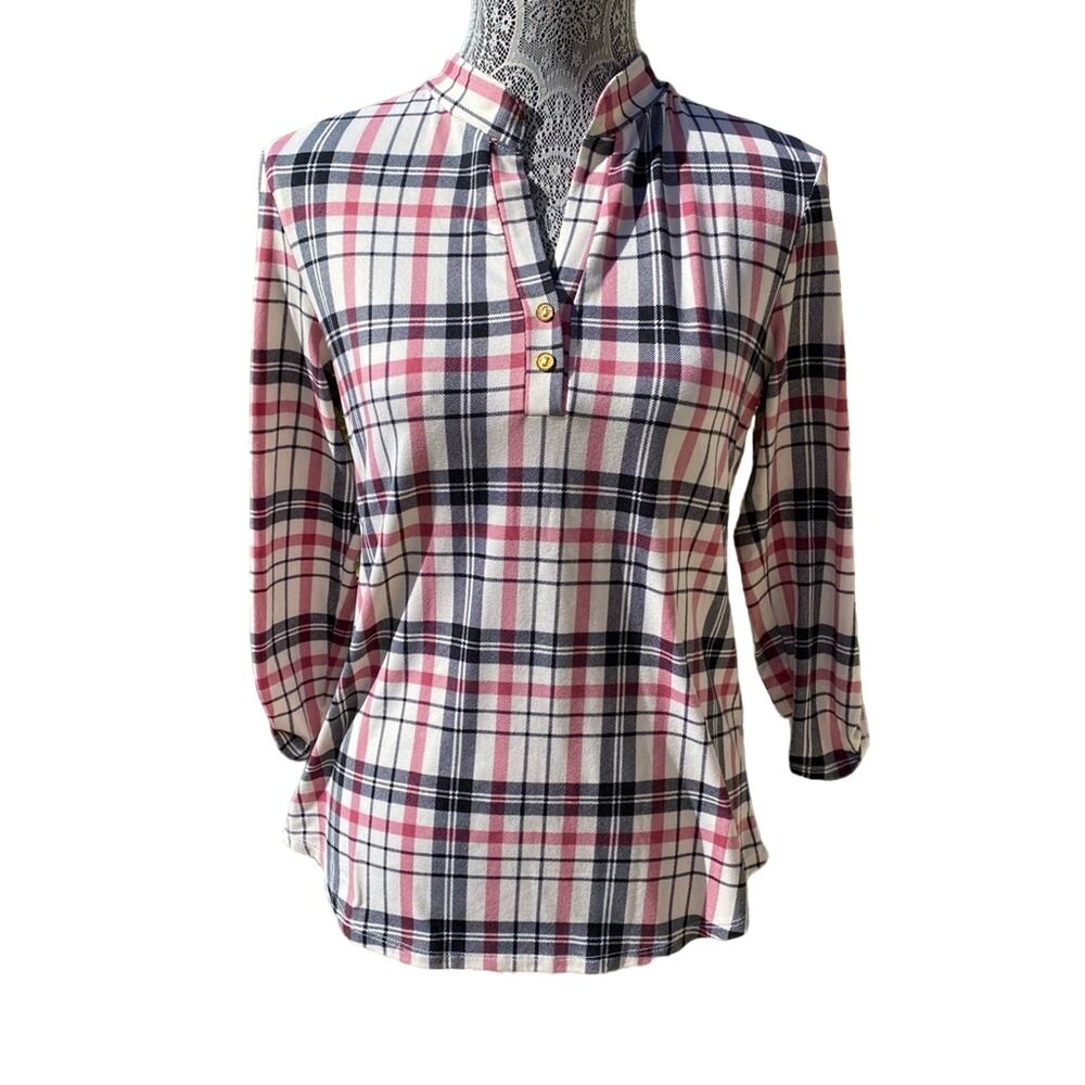 CLAUDIA RICHARD PETITES Plaid V-Neck Henley Blouse 3/4 Sleeve Top Shirt Petite S - Picture 1 of 9
